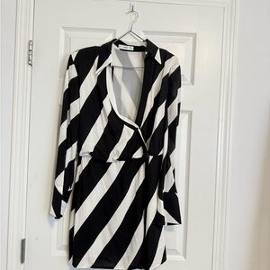 Mango Black and White Striped wrap Dress with shoulder pads